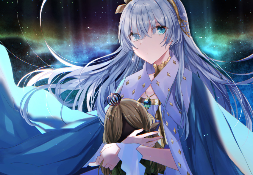1girl anastasia_(fate/grand_order) aurora bangs blue_cloak blue_eyes blush brown_hair brown_hairband cloak closed_mouth commentary dress earrings eburidei_hitomigokuu eyebrows_visible_through_hair fate/grand_order fate_(series) fingernails hair_between_eyes hairband jewelry long_hair looking_at_viewer night night_sky object_hug outdoors royal_robe silver_hair sky solo star_(sky) starry_sky symbol_commentary very_long_hair white_dress
