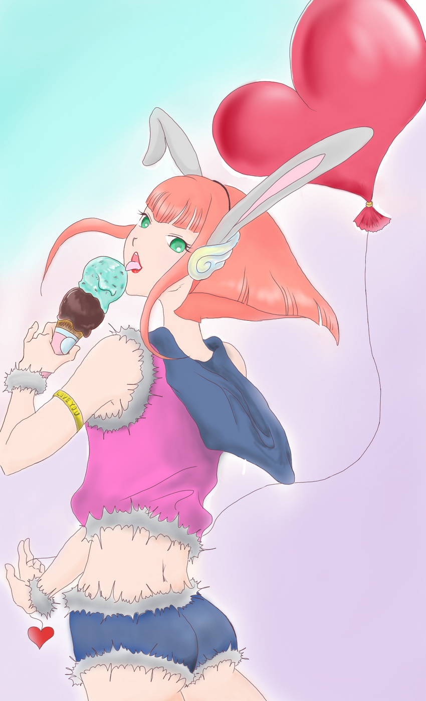 animal_ears artist_request ass balloon barara_peol bunny_ears fake_animal_ears female food from_behind green_eyes gundam gundam_g_no_reconguista hairband heart ice_cream licking looking_at_viewer looking_back open_mouth pink_hair short_hair short_shorts shorts sideboob smile solo tongue tongue_out