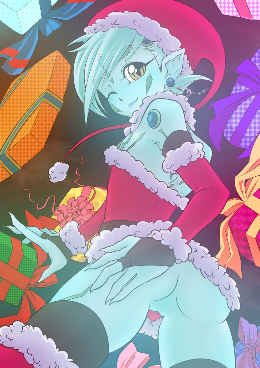 1girl ass astral_(yuu-gi-ou_zexal) bare_shoulders blue_hair blue_skin christmas detached_sleeves genderswap gift pointy_ears pussy santa_hat solo thighhighs wink yu-gi-oh! yuu-gi-ou_zexal