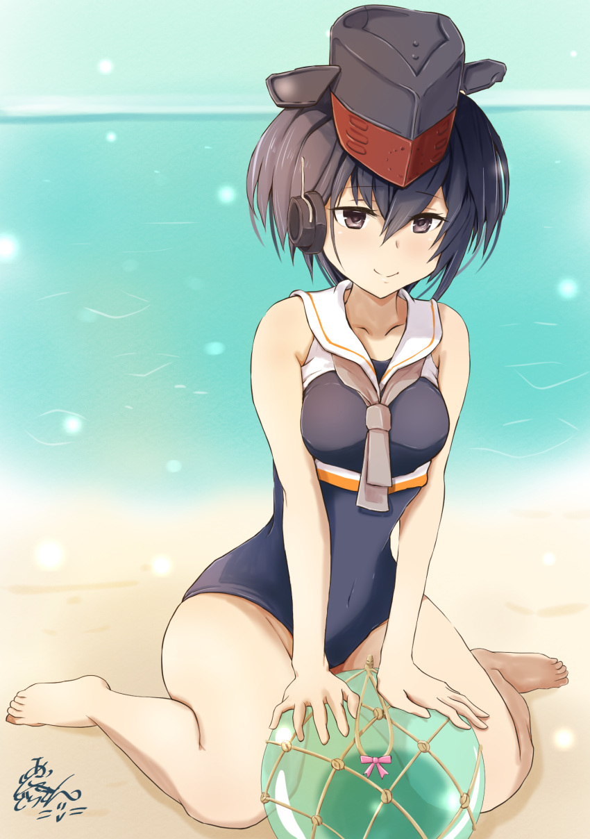 1girl asymmetrical_hair ball barefoot beach black_hair black_swimsuit brown_eyes crop_top dragonoil framed_breasts full_body hair_between_eyes hat headphones highres i-13_(kantai_collection) kantai_collection looking_at_viewer sailor_collar school_swimsuit short_hair signature smile solo swimsuit tsurime