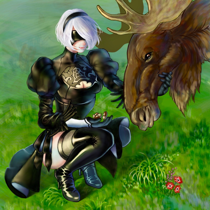 1girl acorn animal black_dress black_gloves black_hairband black_legwear blindfold blurry blurry_background boots breasts dress elbow_gloves flower gloves grass hairband high_heel_boots high_heels highres juliet_sleeves leotard long_sleeves medium_breasts mole mole_under_mouth moose myujin nier_(series) nier_automata outdoors petting puffy_sleeves short_hair silver_hair solo squatting thighhighs yorha_no._2_type_b