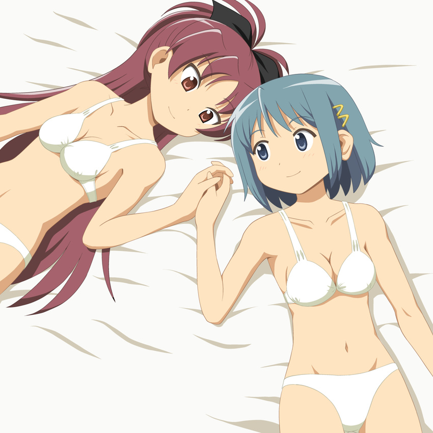 2girls arm bare_arms bare_shoulders bed blue_eyes blue_hair blush bra breasts cleavage collarbone eye_contact eyebrows eyebrows_visible_through_hair female from_above hair_ornament hair_ribbon hand_holding hiraizumi_(mugenkidousha) interlocked_fingers lingerie long_hair looking_at_another looking_to_the_side lying mahou_shoujo_madoka_magica midriff miki_sayaka multiple_girls mutual_yuri navel neck on_back panties ponytail red_eyes red_hair ribbon sakura_kyouko short_hair simple_background small_breasts smile underwear white_background white_bra white_panties yuri