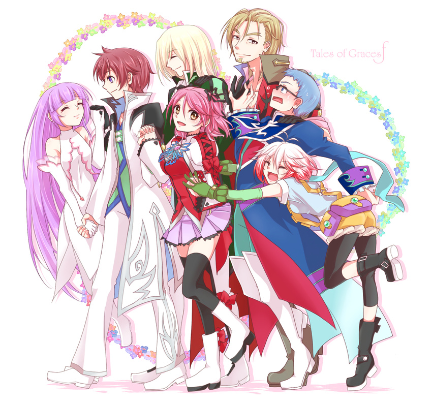 4boys asbel_lhant cheria_barnes full_body hubert_ozwell karasumi_(aiseec) malik_caesars multiple_boys multiple_girls pascal plant richard_(tales) sophie_(tales) tales_of_(series) tales_of_graces white_background