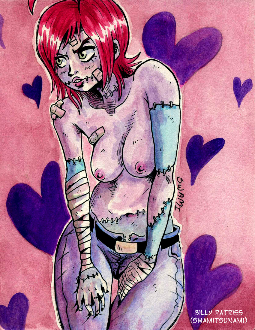 areola areolae bandage billy_patriss breasts denim dreameater green_eyes green_skin hanako jeans lips monster_girl multi_colored_skin naval nipples pants pink_skin red_hair scar short_hair solo stitches swamimen swamitsunami topless traditional_media watercolor watercolor_(medium) zombie zombie_girl