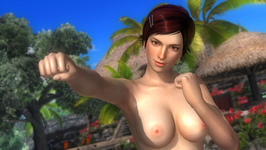 1girl 3d arm armpits bare_arms bare_shoulders beach breasts brown_eyes brown_hair clenched_hands dead_or_alive dead_or_alive_5 dutch_angle female flower hair_ornament hairclip head_tilt lips looking_at_viewer mila_(doa) neck nipples nude palm_tree plant punching short_hair sky smile solo tecmo tree upper_body
