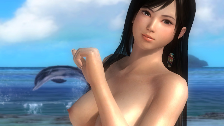 1girl 3d arm bare_arms bare_shoulders beach black_eyes black_hair breasts cloud dead_or_alive dead_or_alive_5 dolphin female hair_ornament highres kokoro_(doa) large_breasts lips long_hair looking_at_viewer neck nipples nude ocean sky smile tecmo upper_body