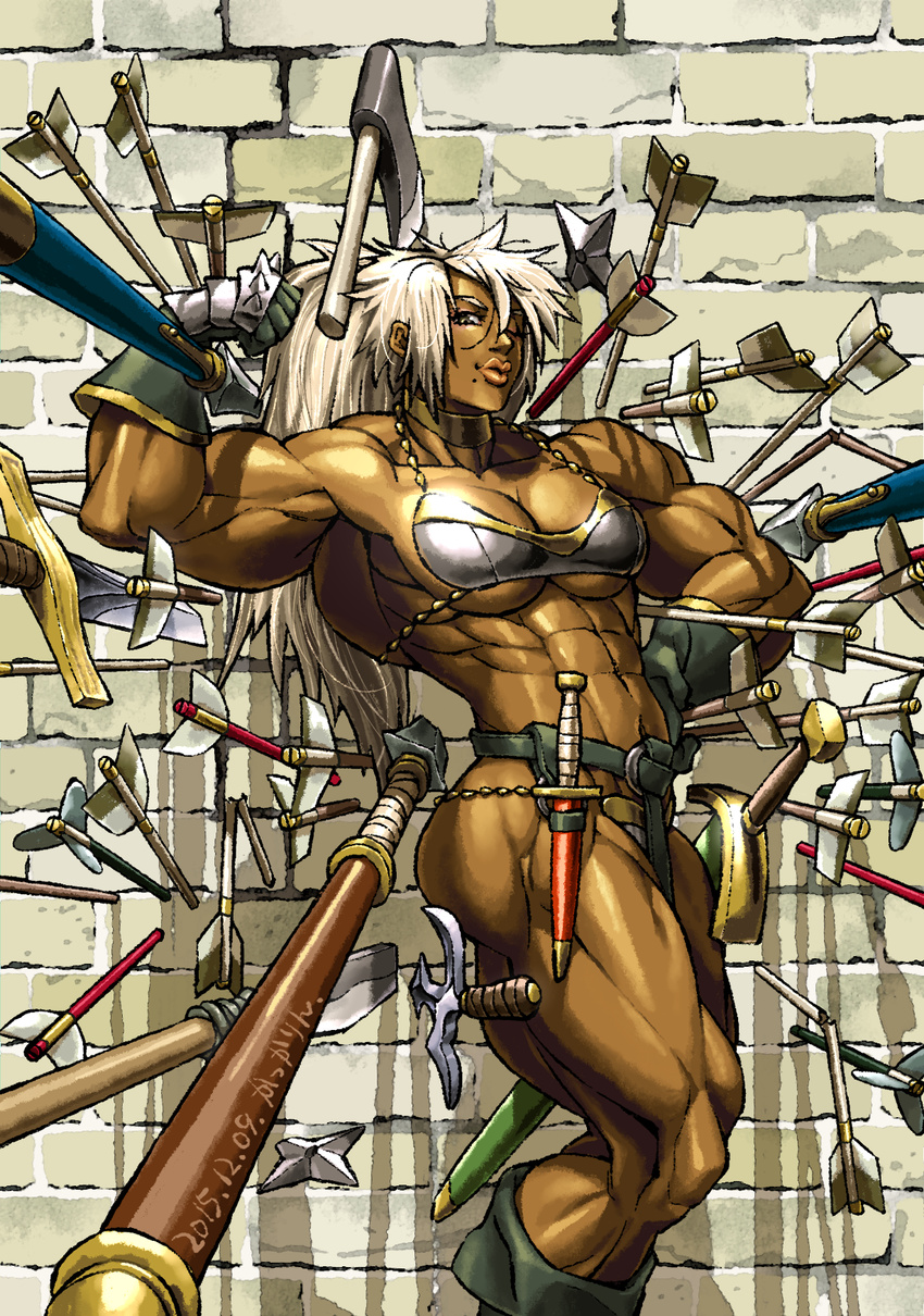 1girl abs amazon armor arrow axe biceps bikini_armor birthmark dagger dark_skin female flexing gloves kakkarin long_hair muscle pose solo spear sword wall weapon white_hair wink