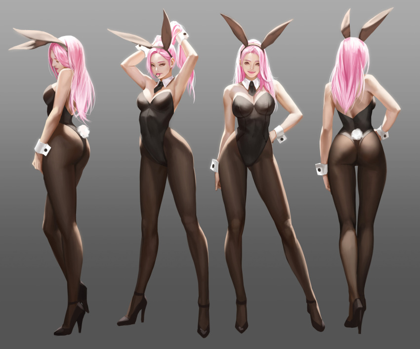 4girls animal_ears armpits arms_up ass black_legwear black_neckwear breasts bunny_ears bunny_tail bunnysuit full_body gradient gradient_background hair_tie hair_tie_in_mouth hand_on_hip high_heels highres long_hair medium_breasts mouth_hold multiple_girls necktie orange_eyes original pantyhose pink_hair smile taekwon_kim tail tied_hair tight