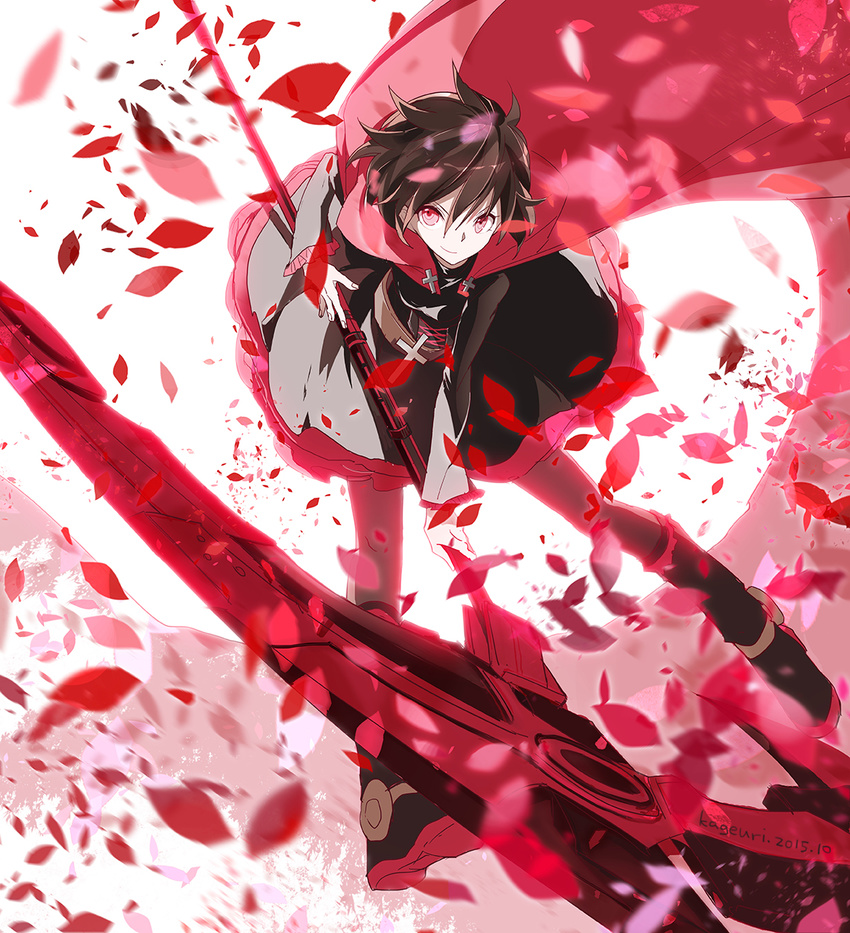 1girl black_hair boots cape hood looking_at_viewer petal petals red_eyes ruby_rose rwby scythe short_hair smile solo weapon