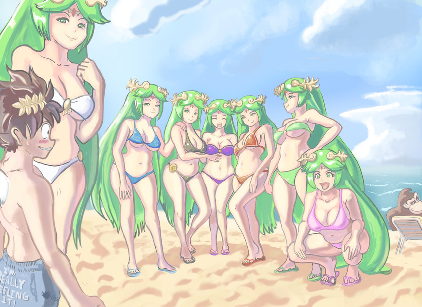 2boys 6+girls beach bikini blush brown_hair donkey_kong green_eyes green_hair kid_icarus kid_icarus_uprising multiple_boys multiple_girls multiple_persona nintendo ocean palutena pit_(kid_icarus) super_smash_bros. swimsuit water