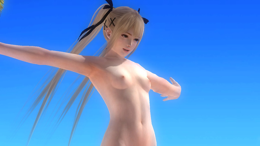 1girl 3d beach blonde_hair dead_or_alive dead_or_alive_5 marie_rose navel nipples nude outdoors photoshop screencap screenshot sky small_breasts solo spread_arms twintails