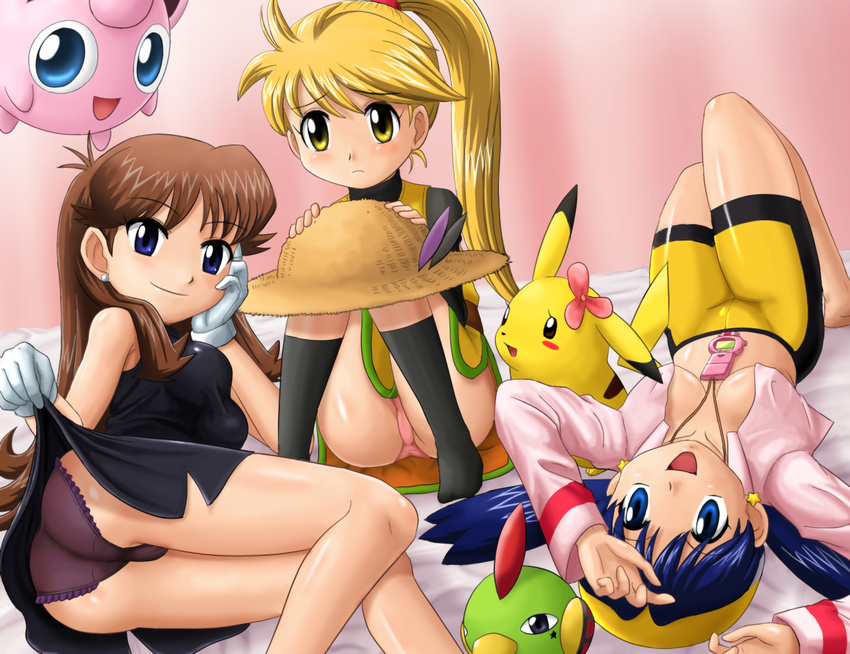 3girls :d :o ass bed bent_over bike_shorts black_dress black_panties blonde_hair blue_(pokemon) blue_eyes blue_hair blush brown_hair cameltoe chuchu_(pokemon) crystal_(pokemon) dress dress_lift earrings erect_nipples flower gloves hat hat_removed headwear_removed hiding highres jewelry jigglypuff lying multiple_girls natu nintendo no_bra on_back open_clothes open_mouth open_shirt panties pantyshot pantyshot_(sitting) pikachu pink_panties pokegear pokemoa pokemon pokemon_(game) pokemon_gsc pokemon_rgby pokemon_special see-through shirt sitting smile star straw_hat underwear yellow_(pokemon) yellow_eyes