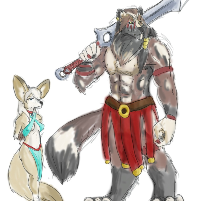 acev african_wild_dog anthro bdsm bondage bound canid canine canis clothed clothing colored digital_media_(artwork) dress esther felid female fennec fox hybrid lion male male/female mammal melee_weapon pantherine rope shomari size_difference slave sword weapon wolf