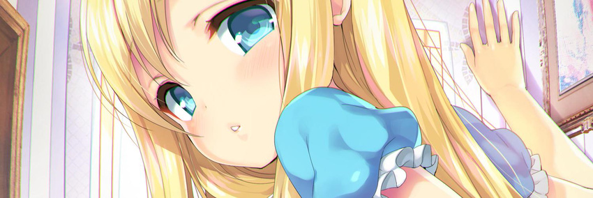 blonde_hair blue_eyes emily_(pure_dream) face from_behind image_sample long_hair looking_back open_mouth original painting_(object) solo twitter_sample