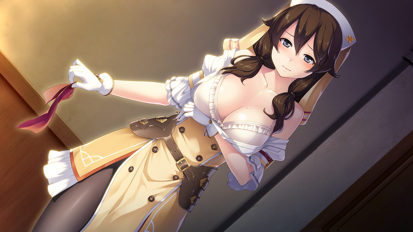 1girl arata belt benimura_karu blue_eyes blush bra breast_hold breasts brown_hair cleavage female game_cg gloves highres large_breasts legs long_hair looking_at_viewer open_clothes pantyhose solo sono_kojou_ni_yuusha_hou_ari! standing sumeragi_seisuke sweat takatou_suzunosuke thighs twintails underwear