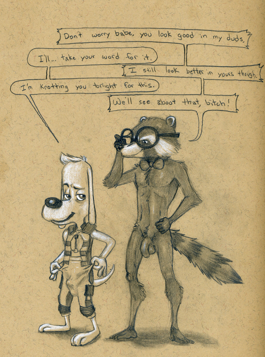 alternate_costume canid canine canis clothing_swap couple_(disambiguation) crossover dialogue domestic_dog flaccid guardians_of_the_galaxy male male/male mammal marvel mr._peabody mr._peabody_and_sherman nude penis procyonid raccoon rocket_raccoon tush