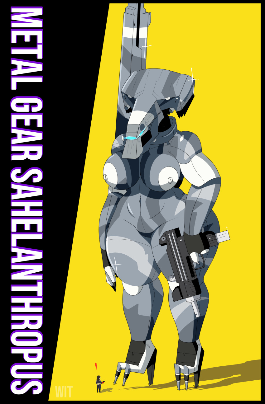 2019 anthro areola big_breasts breasts digital_media_(artwork) duo female gun hi_res holding_object holding_weapon huge_breasts konami living_machine machine metal metal_gear naked_snake nipples not_furry nude ranged_weapon reptile robot scalie seductive simple_background snake standing submachine_gun text uzi venom_snake video_games weapon wit