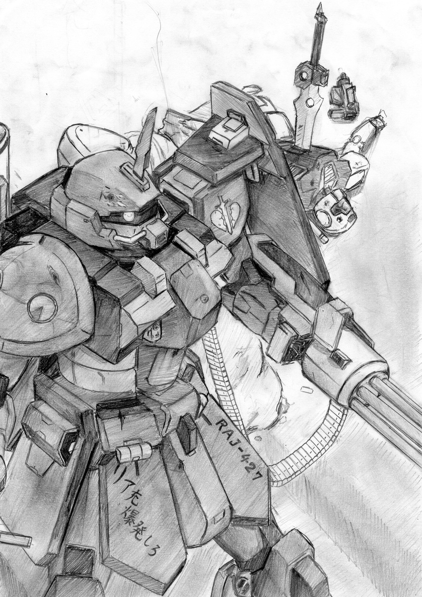 gatling_gun gm_(mobile_suit) gun gundam mecha mobile_suit_gundam monochrome sekino_takehiro shield sword weapon zaku