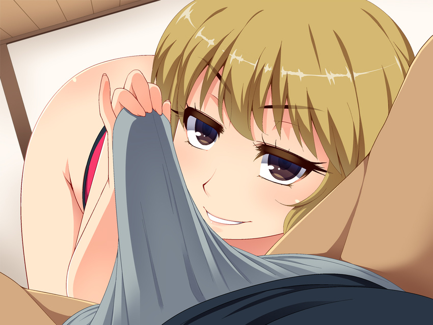 1girl ass black_eyes blonde_hair blush erection erection_under_clothes handjob handjob_over_clothes hayashi_custom highres legs looking_at_viewer lying naughty_face no_panties original penis short_hair smile solo_focus spread_legs thighs top-down_bottom-up