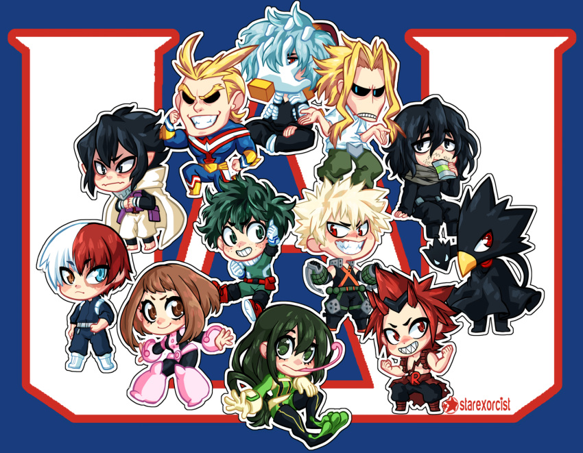 2girls 6+boys :p aizawa_shouta all_might amajiki_tamaki asui_tsuyu bakugou_katsuki blonde_hair blue_background bodysuit boku_no_hero_academia cape chibi dual_persona green_hair grin kirishima_eijirou long_hair long_tongue medium_hair midoriya_izuku multicolored_hair multiple_boys multiple_girls red_hair shigaraki_tomura smile starpyrate todoroki_shouto tokoyami_fumikage tongue tongue_out two-tone_hair uraraka_ochako white_hair yagi_toshinori