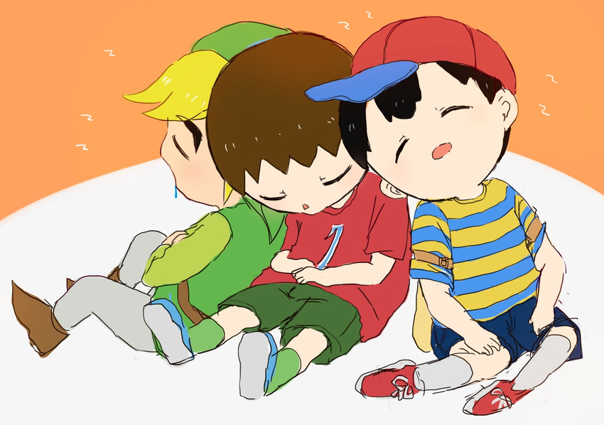 3boys black_hair blonde_hair brown_hair crossover doubutsu_no_mori mother_(series) multiple_boys ness nintendo short_hair sleeping super_smash_bros. the_legend_of_zelda the_legend_of_zelda:_the_wind_waker toon_link villager_(doubutsu_no_mori) wind_waker