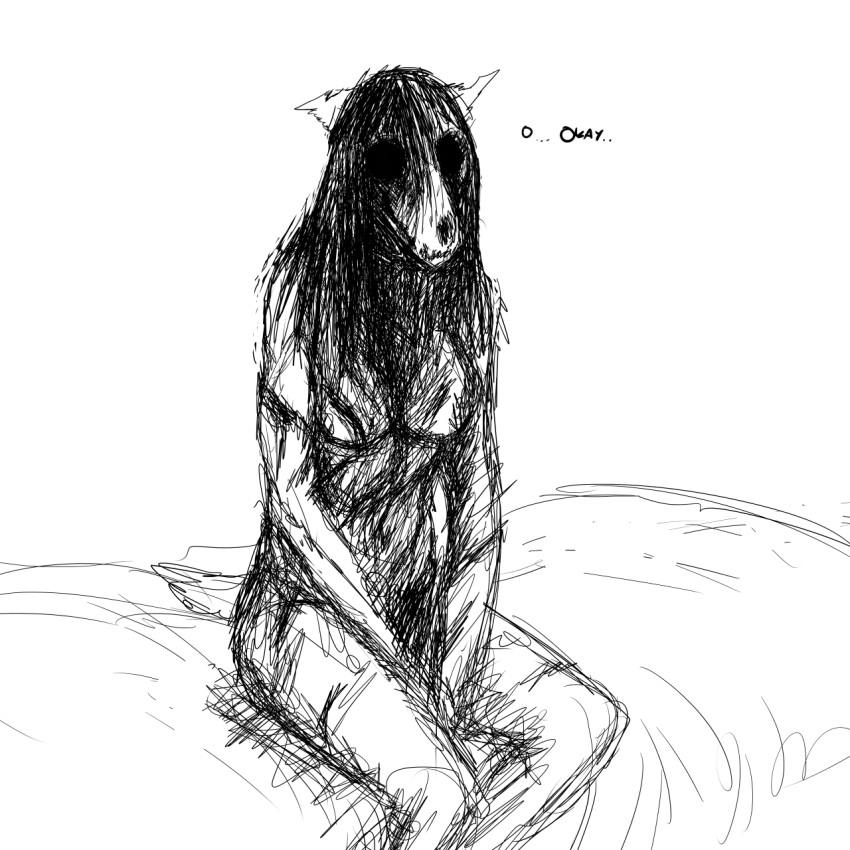 &lt;3 2019 anthro black_and_white black_hair breasts canid canine empty_eyes english_text featureless_breasts female ghost ghost_pupper hair hair_over_breasts hladilnik mammal monochrome nightmare_fuel nude scar shy sitting solo spirit text wounded