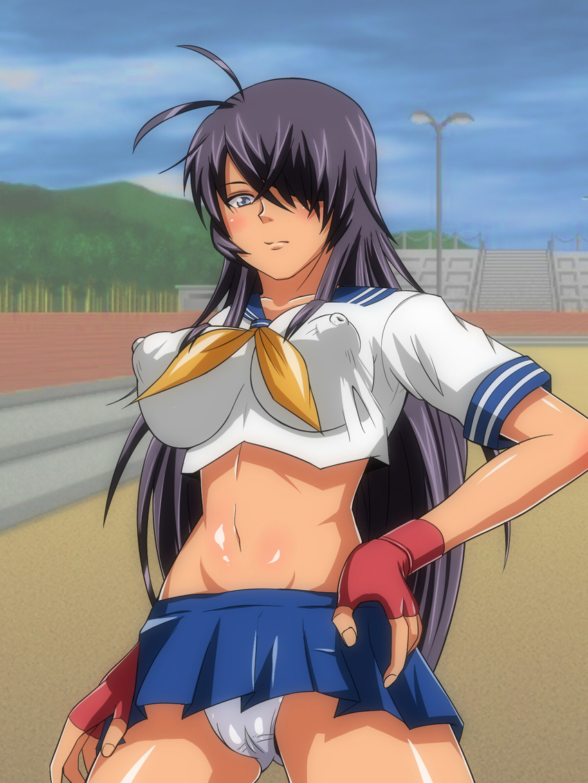 1girl blue_eyes blush breasts cameltoe erect_nipples female fingerless_gloves gloves hair_over_one_eye hand_on_hip highres ikkitousen kageusugokuto kan'u_unchou kan'u_unchou large_breasts legs long_hair looking_at_viewer midriff navel panties purple_hair school_uniform serious skirt sky solo standing thighs underwear