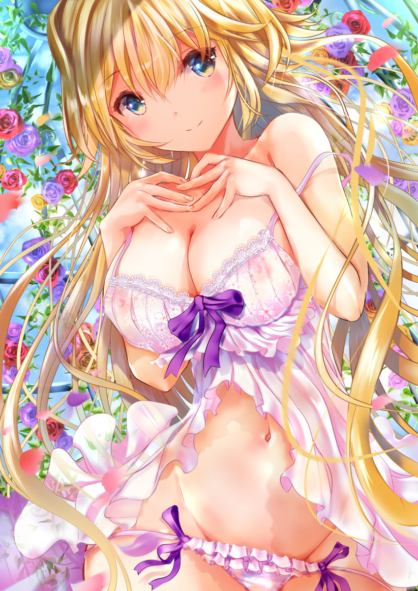 1girl absurdres babydoll bangs blonde_hair blush breasts cleavage collarbone erect_nipples fate/grand_order fate_(series) floral_background hand_on_own_chest highres jeanne_d'arc_(fate) jeanne_d'arc_(fate)_(all) large_breasts light_smile lingerie long_hair looking_at_viewer navel ogata_tei panties solo underwear very_long_hair yellow_eyes
