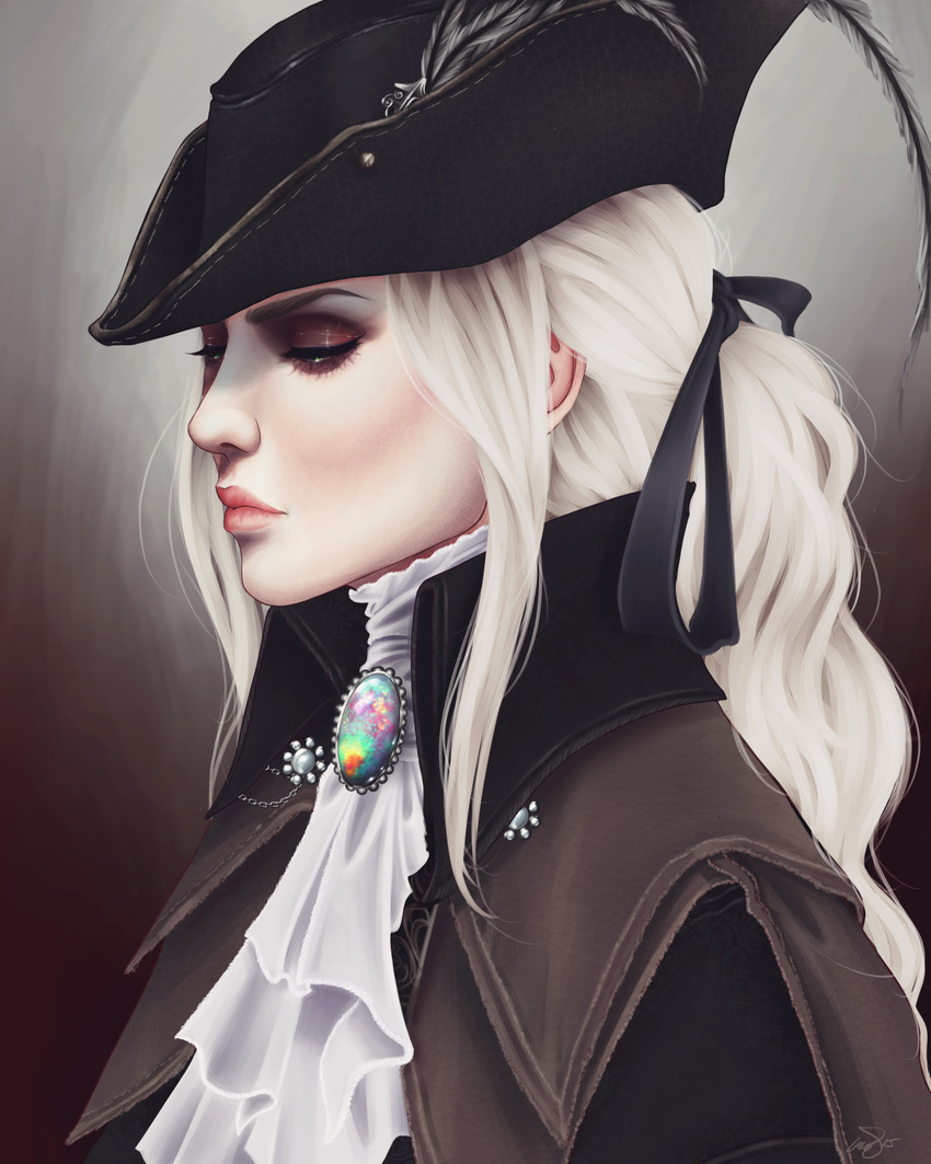 artist_request bloodborne cravat eye_shadow hair_ribbon hat lady_maria_of_the_astral_clocktower orisoni ponytail ribbon silver_hair solo upper_body