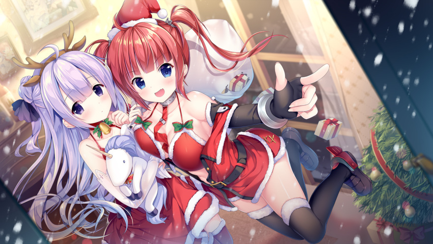 2girls :d azur_lane bangs bare_shoulders bell blue_eyes blurry blurry_background blush box choker christmas collarbone depth_of_field detached_sleeves dress dutch_angle elbow_gloves eyebrows_visible_through_hair fang fingerless_gloves fur-trimmed_bikini fur-trimmed_dress fur-trimmed_gloves fur-trimmed_jacket fur-trimmed_skirt fur_trim gift gift_box gloves hair_bun halterneck holding holding_sack indoors jacket long_hair long_sleeves looking_at_viewer multiple_girls object_hug open_clothes open_jacket open_mouth purple_eyes purple_hair red_bikini_top red_choker red_dress red_hair red_jacket red_skirt sack san_diego_(azur_lane) santa_bikini santa_costume side_bun skirt sleeves_past_wrists smile sousouman stuffed_alicorn stuffed_animal stuffed_toy twintails unicorn_(azur_lane) v-shaped_eyebrows very_long_hair