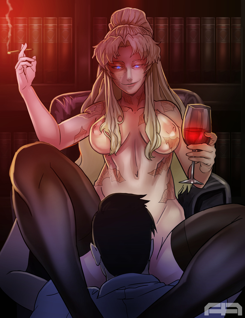 1boy 1girl alcohol andava balalaika_(black_lagoon) black_lagoon black_legwear blonde_hair blue_eyes cigar clothed_male_nude_female cunnilingus cup drinking_glass femdom hetero highres inverted_nipples lips mole mole_under_eye navel nude okajima_rokuro oral ponytail puffy_nipples sidelocks sitting smile smoking solo_focus thighhighs wine wine_glass