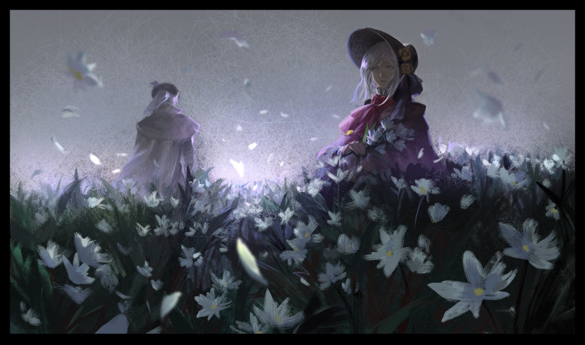 2girls back bloodborne bonnet coat cravat dress field flower from_software hat kzcjimmy lady_maria_of_the_astral_clocktower looking_at_viewer multiple_girls petals plain_doll poncho ponytail silver_hair