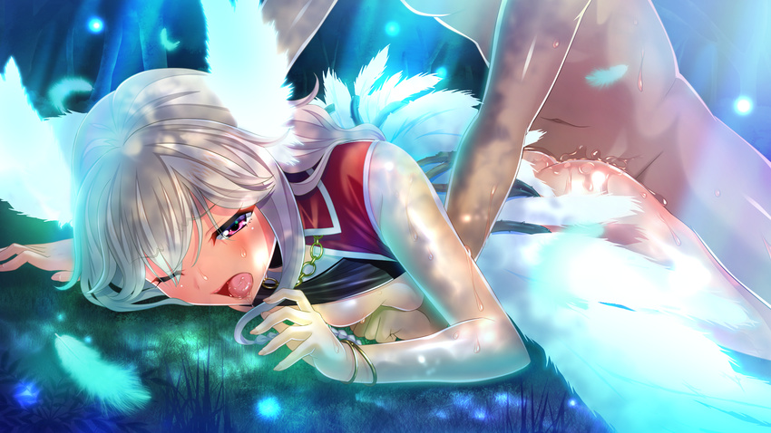 1girl angel_wings ass blonde_hair blush breast_press breasts clothed_female_nude_male feathers game_cg grass highres in_vitro_shoujo large_breasts legs long_hair lying no_panties on_stomach open_mouth pink_eyes saliva sex shirt_lift sleeveless solo_focus spread_legs sweat tadano_akira thighs vaginal wince wings