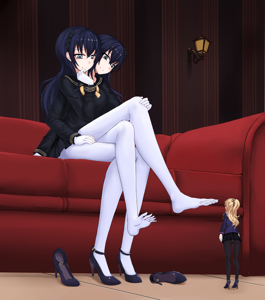 3girls 463_jun black_hair blonde_hair blue_eyes breasts conjoined crouch elvira female giantess gloves handmaid high_heels jelena_lakhya knot legs_crossed long_toes multi_arm multi_head multi_leg multi_limb multiple_girls phen-projnu ribbon skirt smile thighhighs uniform what