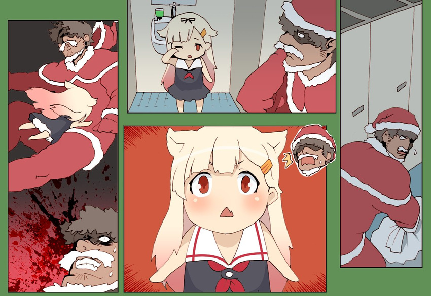 1boy 1girl admiral_(kantai_collection) bad_id bad_twitter_id beard blonde_hair blood blood_splatter caught chibi comic commentary facial_hair fang gradient_hair hair_flaps hair_ornament hair_ribbon hairclip hat kantai_collection kemonomimi_mode kouba_nobu long_hair multicolored_hair mustache pink_hair red_eyes remodel_(kantai_collection) ribbon rubbing_eyes santa_costume santa_hat tackle yuudachi_(kantai_collection)