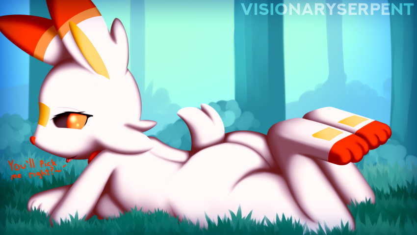 2019 3_fingers 3_toes bedroom_eyes big_butt breasts butt digital_media_(artwork) eyelashes female fur general: half-closed_eyes hi_res hindpaw lagomorph looking_back lying mammal nintendo nipples nude on_front orange_eyes outside paws pok&eacute;mon pok&eacute;mon_(species) presenting presenting_hindquarters scorbunny seductive side_boob smile solo text thick_thighs toes tongue tongue_out video_games visionaryserpent white_fur