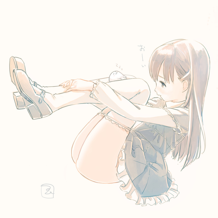 1girl bangs black_footwear blue_dress brown_eyes brown_hair creature dress frilled_dress frills from_side full_body hair_ornament hairclip hands_on_legs highres kokudou_juunigou layered_sleeves long_hair long_sleeves no_panties original parted_lips profile shoes short_over_long_sleeves short_sleeves signature simple_background sleeping solo thighhighs white_background white_legwear zzz