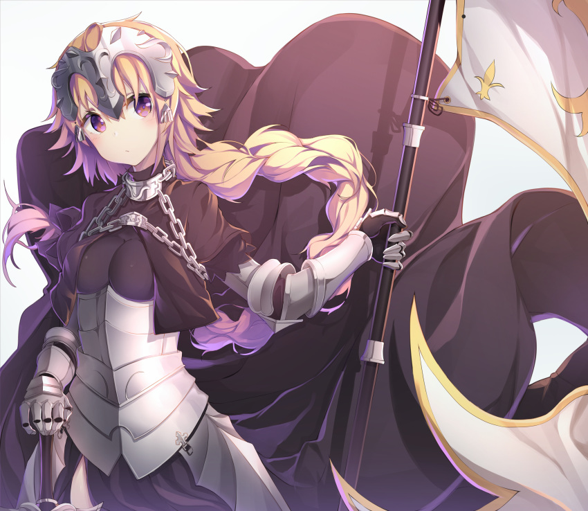 1girl absurdres armor armored_dress bangs black_dress blonde_hair blush braid breasts chains commentary_request cowboy_shot dress eyebrows_visible_through_hair fate/apocrypha fate_(series) flag gauntlets hair_ornament hand_on_weapon headpiece highres holding jeanne_d'arc_(fate) jeanne_d'arc_(fate)_(all) large_breasts lira long_hair looking_at_viewer purple_eyes short_hair solo standard_bearer sword weapon