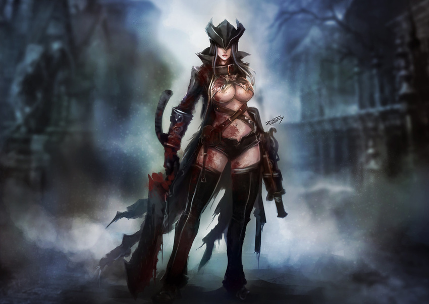 1girl bangbez blood blood_stain bloodborne breasts cleaver gun hat hunter_(bloodborne) long_hair navel short_shorts solo stomach thighhighs underboob weapon