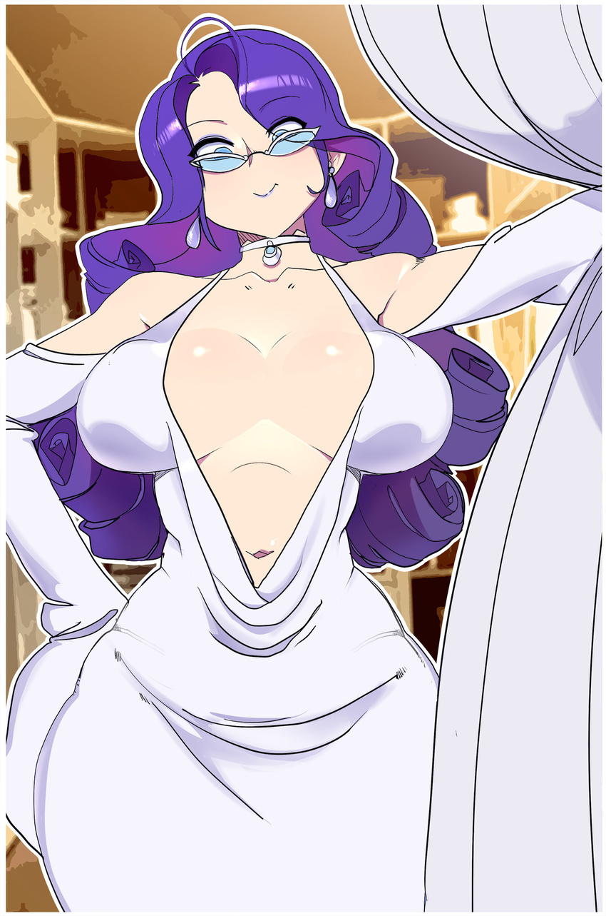 1girl :&gt; blue_eyes breasts cartains cleavage collaboration curly_hair curtain dress glasses long_hair looking_at_viewer maniacpaint my_little_pony my_little_pony_friendship_is_magic navel oddmachine personification purple_hair rarity smile solo stomach white_dress