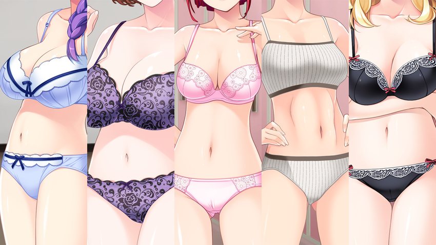 5girls amami_misako black_bra black_panties blonde_hair bra breasts cameltoe cleavage game_cg hands_on_hips hanekura_tomoe highres hitozuma_swimming_club huge_breasts ino interheart large_breasts legs long_hair multiple_girls navel nunose_yoshika panties pink_bra pink_panties purple_bra purple_hair purple_panties red_hair shiomiya_shiho small_breasts standing thighs underwear white_bra white_panties