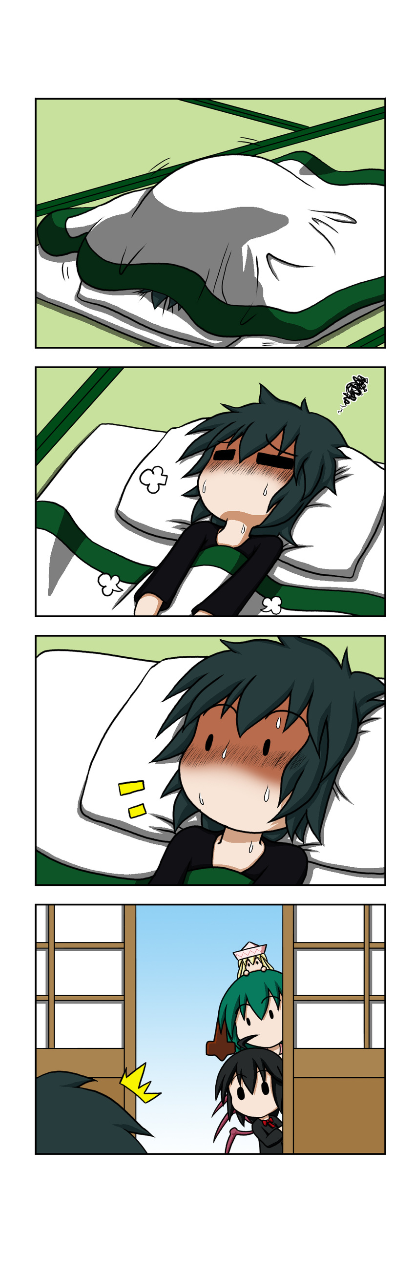 4girls 4koma absurdres animal_ears asymmetrical_wings black_hair blanket chibi chibi_on_head comic fever futon green_hair hat highres houjuu_nue kasodani_kyouko lily_white lying minigirl multiple_girls murasa_minamitsu on_back on_head open_door pillow rakugaki-biyori shaded_face sick silent_comic surprised sweat tatami touhou under_covers wings