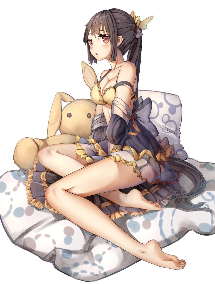 1girl absurdres animal_ears bangs bare_legs bare_shoulders barefoot bkyuuc black_hair blush bra breasts collarbone commentary_request dress eyebrows_visible_through_hair hair_ornament highres large_breasts long_hair looking_at_viewer off_shoulder original pillow ponytail red_eyes simple_background soles solo stuffed_animal stuffed_bunny stuffed_toy underwear very_long_hair white_background yellow_bra