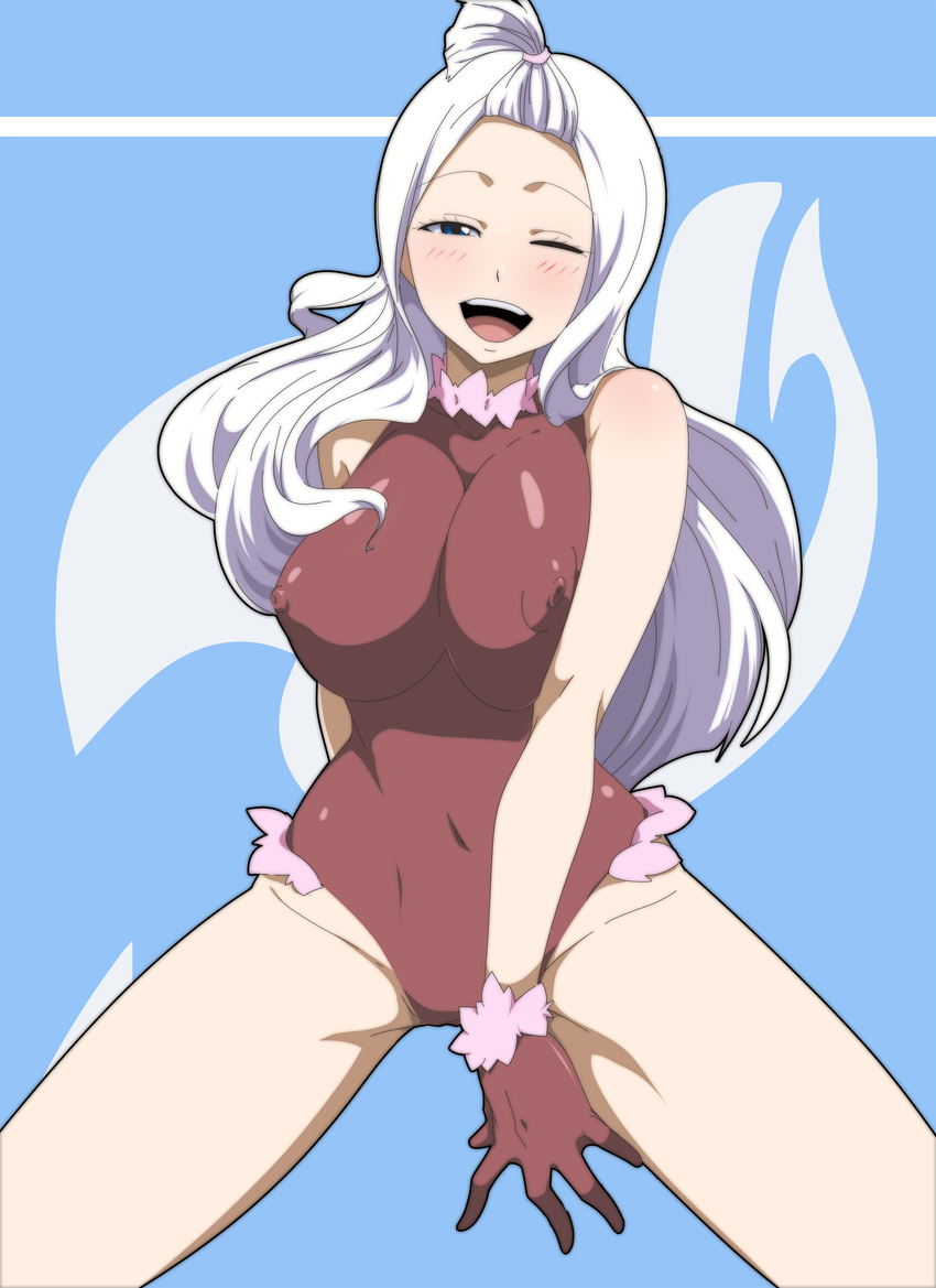 1girl blue_eyes blush breasts erect_nipples fairy_tail gloves large_breasts mirajane_strauss nipples open_mouth