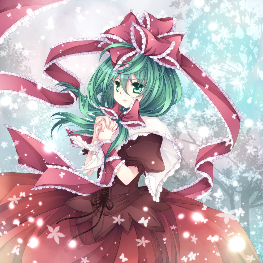 bad_id bad_pixiv_id frills front_ponytail green_eyes green_hair hair_ribbon hands_clasped highres kagiyama_hina long_hair mikazuki_sara own_hands_together ribbon solo touhou