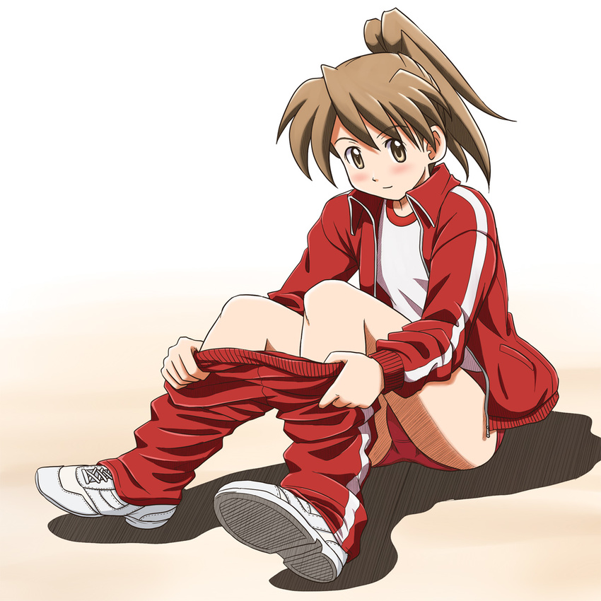 brown_eyes brown_hair buruma dressing gym_uniform highres jacket lielos original pants poniko_(lielos) ponytail shoes sitting smile sneakers solo track_jacket track_pants undressing