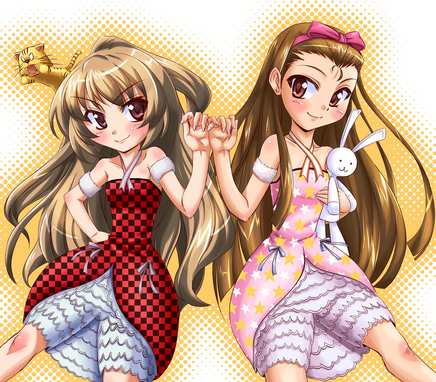 aisaka_taiga bloomers brown_eyes brown_hair bunny checkered cosplay crossover cute_&amp;_girly_(idolmaster) frills hairband idolmaster idolmaster_(classic) kugimiya_rie long_hair minase_iori minase_iori_(cosplay) multiple_girls nikyu palmtop_tiger seiyuu_connection tiger toradora! underwear