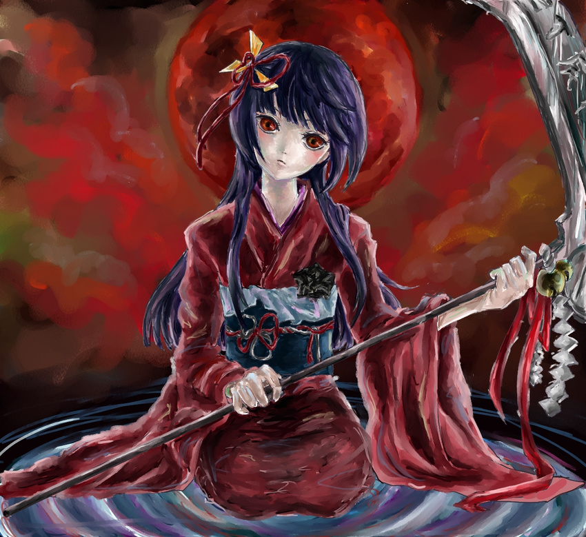 bell brown_eyes full_moon head_tilt japanese_clothes kimono kushinada_nemuru long_hair moon obi ookamikakushi purple_hair red_moon ribbon sash scythe seiza sitting solo very_long_hair zaichuu