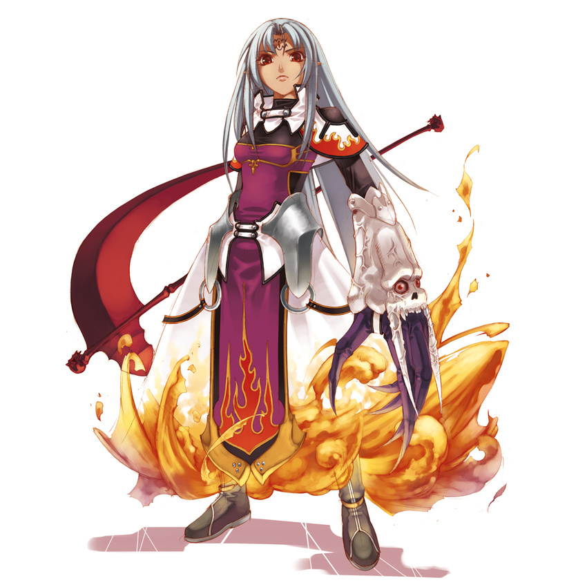 armor armored_dress boots claws dress elf facial_mark fire forehead_mark full_body highres hirano_katsuyuki hiro_(spectral_force) holding holding_scythe long_hair pointy_ears red_eyes scythe serious silver_hair solo spectral_(series) spectral_force spectral_souls tabard weapon white_background