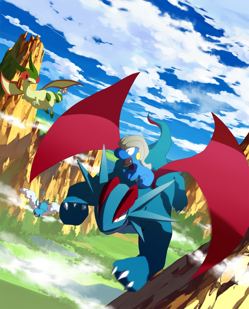 bagon carrying cliff cloud day dragon dutch_angle emunise flygon flying gen_3_pokemon highres mountain nature no_humans piggyback pokemon pokemon_(creature) red_wings salamence water wings